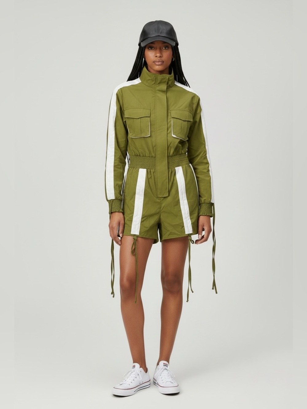 Olive Green Utility Romper Jacket with White Stripes